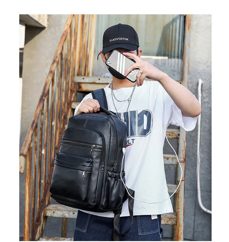 High Quality USB Charging Backpack Men PU Leather Bagpack Large Laptop Backpacks Male Mochilas Schoolbag For Teenagers Boys