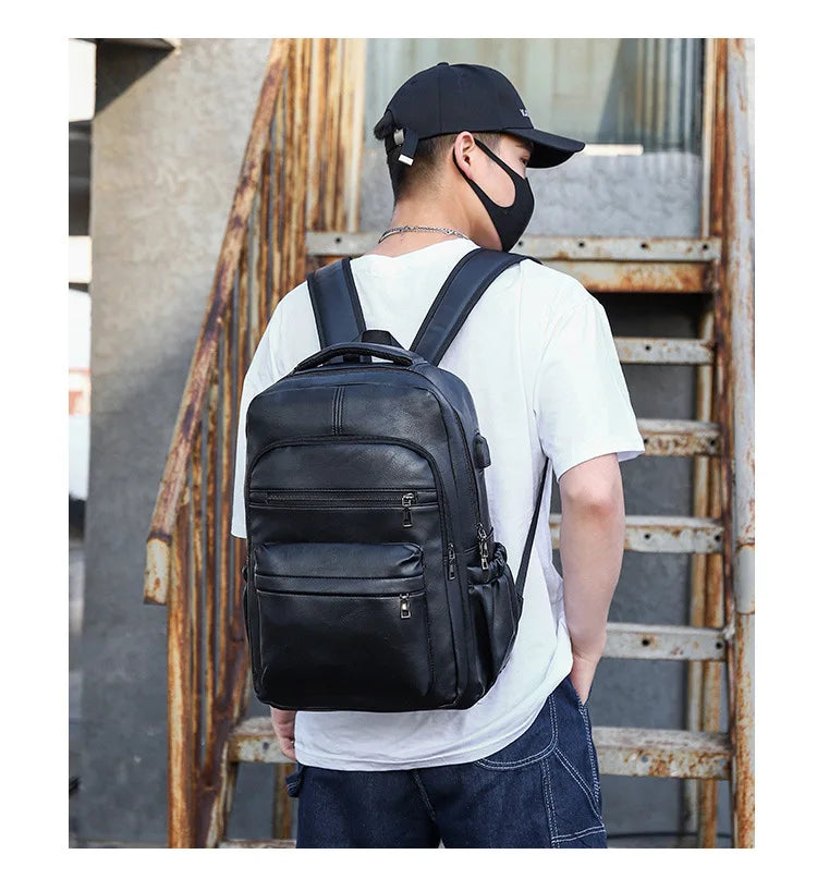 High Quality USB Charging Backpack Men PU Leather Bagpack Large Laptop Backpacks Male Mochilas Schoolbag For Teenagers Boys